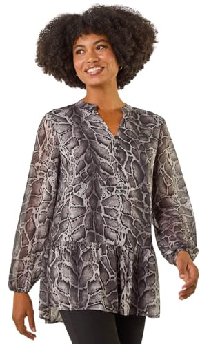 Roman Originals Snake Print V-Neck Tunic Top for Women UK - Ladies Everyday Autumn Winter V-Neckline Comfy Soft Evening Vacation Work Party Night Out
