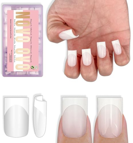 NOVO OVO Nail Tips Press on Short Square White French Tip MILKY WHITE, Tips für Gelnägel Kurze Quadratische, Soft Gel x Nageltips Volle Abdeckung Falsche Acryl Nägel für Salon DIY 15 Größen 240 Stück