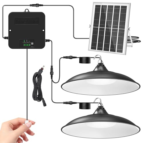 Solar Shed Light with Pull Cord, Dual Lamp Day & Night Use, Indoor Outdoor | 2000LM 3 Modes Solar Lights, Power Display & Mode Indicator, IP65 Waterproof for Garage Porch Gazebo