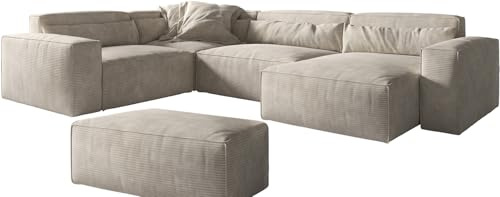 Wohnlandschaft Sirpio Cord Beige 300x210 cm Recamiere variabel mit Hocker