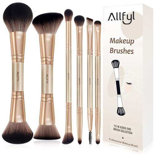 ALLFYL Set 6 Pennelli Doppi Trucco Professionali, Champagne, Pennello Fondotinta incluso, Pennelli Make Up per Viso Contour Occhi Labbra, Confezione Regalo da Viaggio per Donne