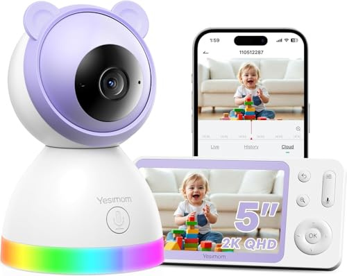 YESIMOM Camara Vigilancia Bebe 2K 3MP con 5 Monitor Portatil, Vigilabebes App Remota, 360° Visión Nocturna 940nm sin Luz Roja, Detección de Llanto,Recordatorio Alimentación, Sin Suscripción