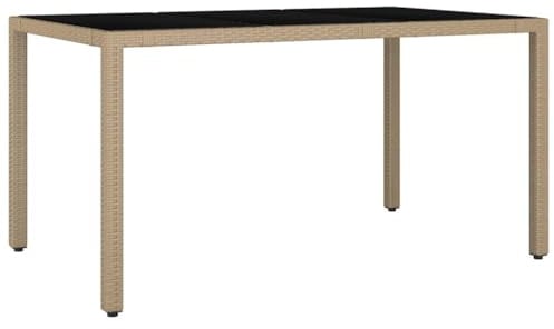 HETFTJN Table de Jardin en Résine Tressée avec Plateau en Verre Trempé, Table à Manger Extérieure pour Terrasse Balcon et Jardin, Design Moderne, Beige, 150 x 90 x 75 cm