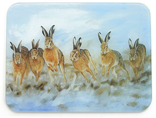 Hare, Premium Chopping Board Worktop Saver Glass with Hares by British Wildlife Artist Robert E Fuller Kitchen Gift 40x30 cm Glass Kitchenware, Home.