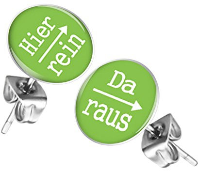Mianova Ohrstecker Studs Buttons Silber Platte mit Spruch Hier rein, Da raus - 12mm in Grün