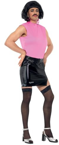 Smiffys Queen, Break Free Housewife, Pink & Black with Dress, Wig & Moustache, Officially Licensed Queen Fancy Dress, Adult 1970s Dress Up Costumes