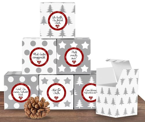 24 weihnachtliche Adventswürfel im Set mit 24 Zahlenaufklebern „Liebevolle Botschaften“ für einen DIY Adventskalender zum Basteln und Befüllen