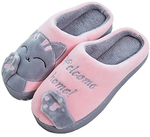Rojeam Ladies Cute Cat Animal Plush Slip On Winter Warm Bedroom Shoes Non Slip House Slippers for Women Men Pinkgrey, 8-9