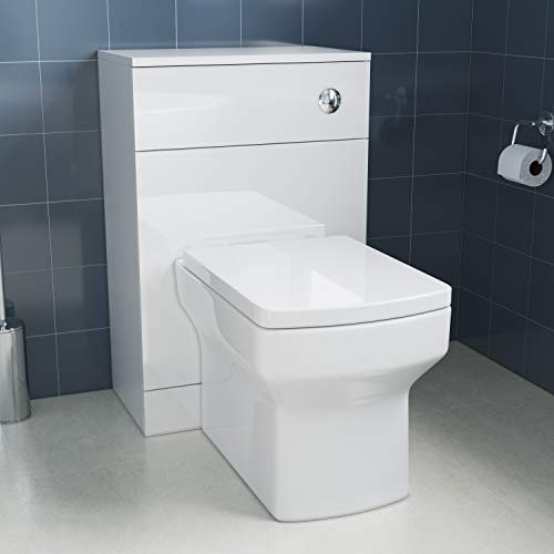 ELEGANT High Gloss White 2 Pieces Ceramic Toilet Suits, 300mm Square Shaped Close Coupled Toilet + Concealed Cistern WC Unit Bathroom Furniture