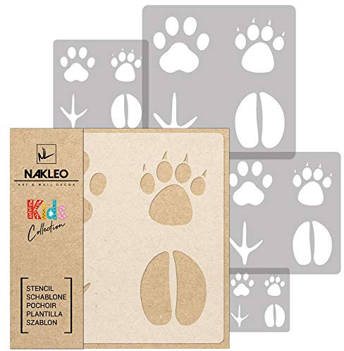NAKLEO Schablonen Malen für Kinderzimmer, 5 Stück Set 9x9 bis 34x34cm Pfote Fußspur Tier, Wiederverwendbare Kunststoff Malvorlage Raumdekoration, Basteln DIY Wand Möbel Papier Stoff