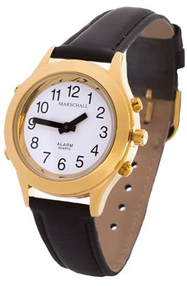 Marschall Deutsch sprechende Damen Armbanduhr I D-GL I Für Blinde, Senioren und Sehbehinderte I Komplette Datumsansage I Extra große Zeiger I Goldfarben mit Lederarmband
