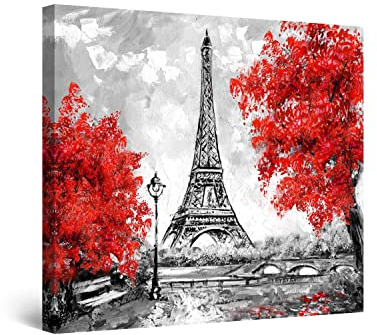 Startonight Bilder Rote Bäume und Eiffelturm Paris - Leinwandbilder Moderne Kunst - Abstrakt Wanddeko Kunstdrucke, Wandbilder 80 x 80 cm, Tag Nacht Effekt, Elegante Geschenkidee Wand Deko