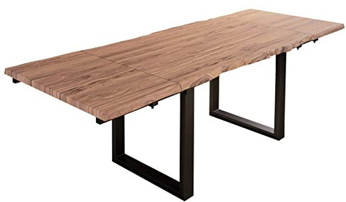SAM Baumkantentisch 140 (220) x 90 cm Barcelona, Akazienholz massiv & stonefarben, Esstisch inkl. 2 Ansteckplatten 40 x 90 cm, echte Baumkante, U-Metallgestell in Schwarz
