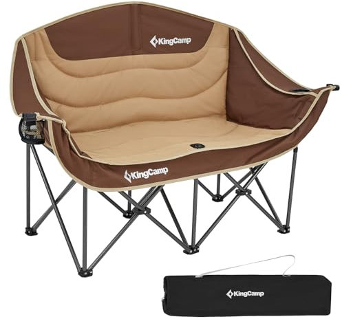 KingCamp Campingstuhl Faltbar für 2 Personen, Camping Sofa Couch Klappbar 2 Sitzer, Doppelter Klappstuhl Camping mit Armlehne, Gartenstuhl Gepolstert Hochlehner für Outdoor Balkon, 300kg Khaki/Kaffee