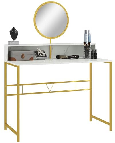 HOMCOM Modern Dressing Table with Round Mirror, Vanity Makeup Desk with Open Storage, Faux Marble Texture and Steel Frame for Bedroom, White
