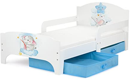 Leomark SMART Einzelbett aus Holz - Baby Elephant - Kinderbett mit Schubladen für Bettwäsche mit Matratze, Stauraum, Rausfallschutz Lattenrost, Liegefläche 140 x 70 cm
