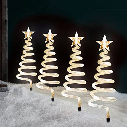 Festive Fix 40 LED Spiral Christmas Tree Pathway Lighting - Set of 4 White Outdoor Christmas Decorations for Garden Paths, Energy-Efficient Xmas Lights for Pathway, Festive Yard & Holiday Displays