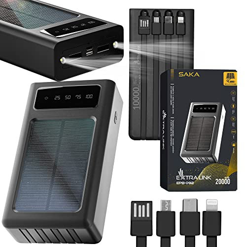 Power bank solare EPB-092 20000mAh caricabatteria portatile per cellulare, Nero, Torcia LED, Quattro cavi integrati per diversi tipi di connettori, pannello solare da 1W, Caricabatterie solare, USB-C