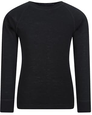 Mountain Warehouse Merino Kids Round Neck Thermal Baselayer Top – Long Sleeve, Lightweight, Antibacterial, Breathable & Quick Dry T-Shirt - Travelling & Outdoors Black Kids Size 7-8 Years