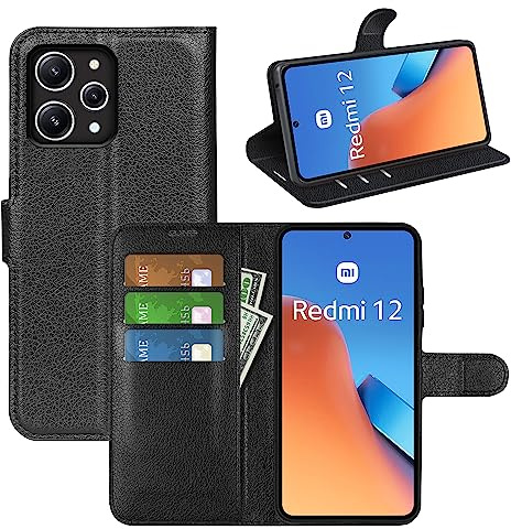 JIUNINE Funda para Xiaomi Redmi 12, Antigolpes Carcasa Libro con Tapa Plegable Cartera en Cuero Flip Case Cover con Cierre Magnético, Tarjetero y Suporte para Xiaomi Redmi 12, Negro