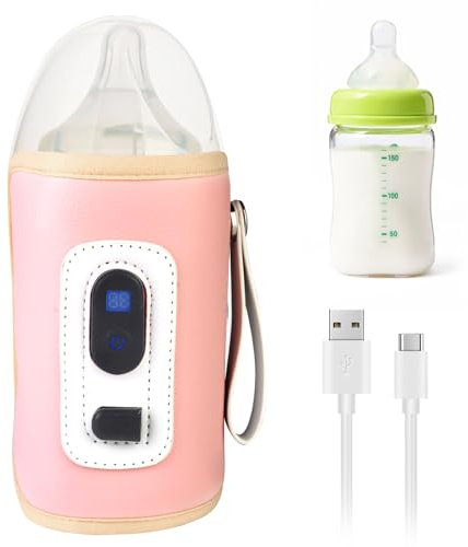 Bébé Chauffe-biberon Portable, Réchauffeur de Biberon USB, Sac Chauffant Biberon avec Affichage LCD, Chauffe Biberon Portable avec 5 Niveaux de Réglage Température, pour Voiture Voyage Domicile (Rose)
