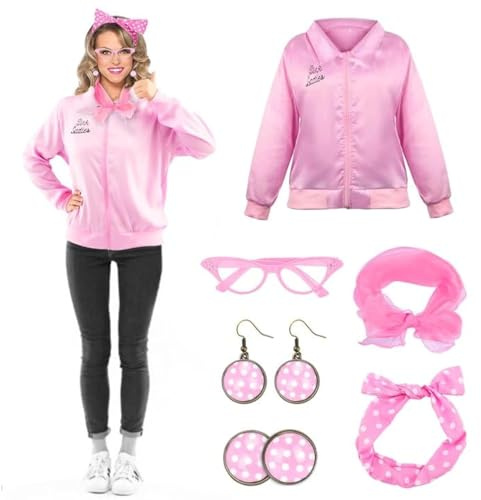 Costume da donna rosa con giacca grassa, costume da adulto con occhiali da gatto, fascia a pois, sciarpa di seta e orecchini
