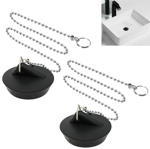 YUNYU 2 Pcs Universal Sink Plug with Chain, Bathroom Sink Plug Replacement, Drain Stopper for Bathroom Kitchen, Rubber Bath Plug with Stainless Steel chain (Size 1.57in To 1.77in, Chain 16.5in)