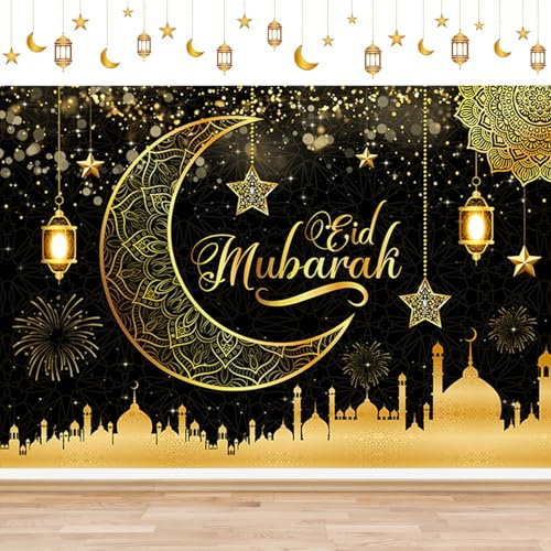 Shinybox Eid Mubarak Hintergrund Banner, Schwarz Gold Ramadan Mubarak Hintergrund Banner mit Stern Mond Muslimischer Ornament, Ramadan Dekoration, Muslim Festival Party Hintergrund, 180 x 110cm(B)