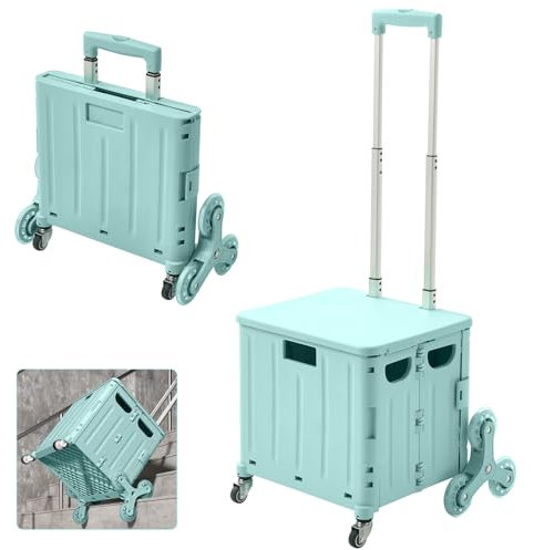 The Fellie Lightweight Stair Climber Foldable Shopping Trolley, 45L Shopping Cart on 8 Wheels, Portable Crate Handcart with Adiustable Telescopic Aluminium Handle and Lid Grocery Trolley(30kg, Green)