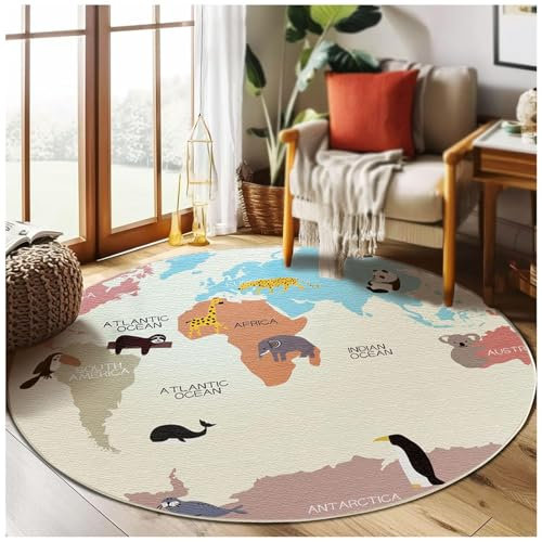 HMGAQNP Weltkarte Spielbereich Runder Teppich,Rutschfester Spielteppich, Bodenmatte für Schlafzimmer, Wohnzimmer, Büro, Eingangsbereich, Heimdekoration (Beige, 140cm)
