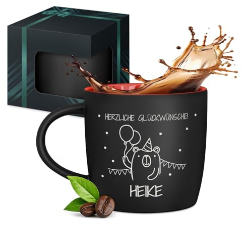 Maverton Keramik Kaffeetasse 400ml mit Gravur - personalisierter Kaffeebecher aus Matt Keramik mit Henkel - Trinkbecher für Männer zum Geburtstag zu Weihnachten - matt schwarz - Innen rot - Party