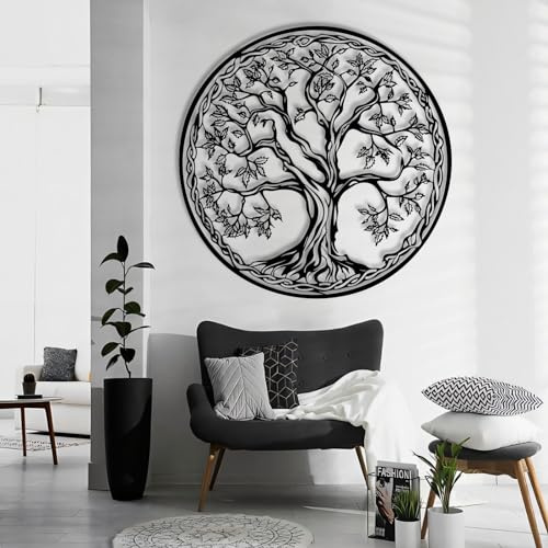 Décoration murale en métal Arbre de vie – Silhouette d'arbre, décoration de salon, chambre à coucher (76 x 76 cm, noir)
