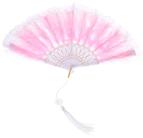 sourcing map Feather Hand Fan Pink Vintage Folding Fan with Tassels Feather Fan Handheld 43x23cm for Halloween Party Wedding Dancing Decoration,1 Pcs