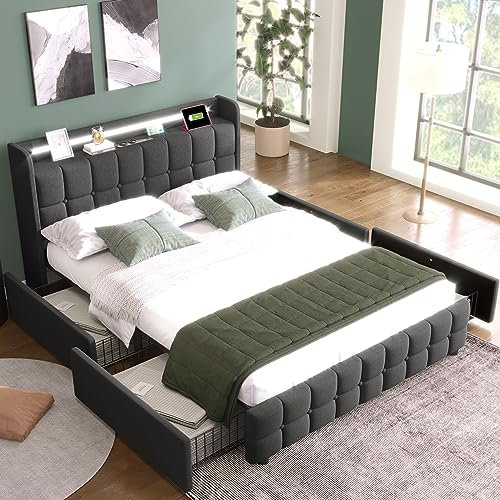 Ymkua Doppelbett Polsterbett 140x200 cm, Bettgestell Bett mit Stauraum und Lattenrost, Jugendbett Stauraumbett mit LED-Beleuchtung und 4 Schubladen, Bettrahmen mit USB-Ladekopfteil, Grau Ohne Matratze