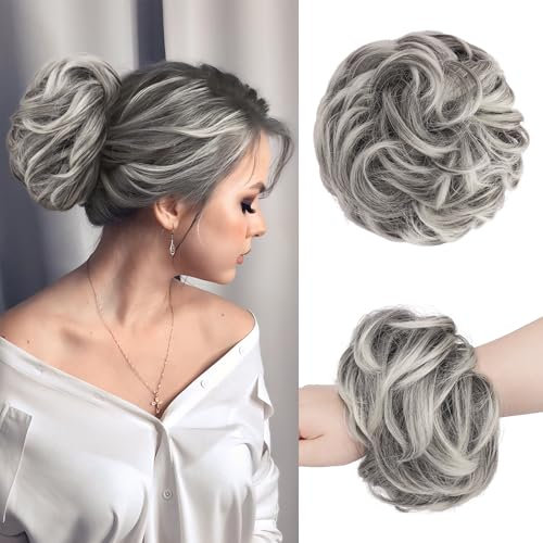 FESHFEN Haarteil Mit Gummiband, Groß Dutt Haarteil Haargummi Mit Haaren Gelockt Haardutt Synthetisch Haarverlängerung Pferdeschwanz Haarteile für Damen Mädchen, Grau mit Platinspitzen 55g