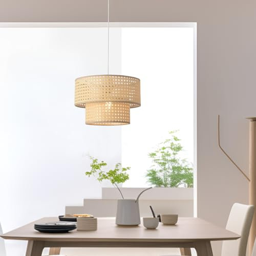 lux.pro Lámpara Colgante Ascot con Doble Pantalla Cilindrica Lámpara de Techo Luminaria para Salón Cocina Oficina 1xE27 60W Plástico Metal 160 x Ø 30 cm - Efecto Ratán/Blanco