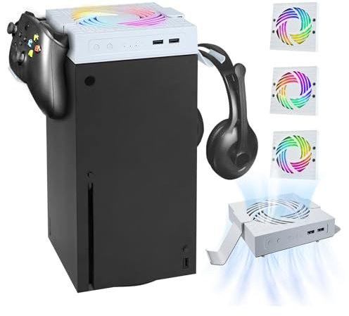 Cooling Fan for Xbox Series X, Xbox Series X Cooler Cooling Fan with Auto Fan Speed Adjustable by Temperature, Controller Stand, Low Noise, RGB Light, 2 USB Ports for Charging &Data Transmission White