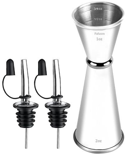 Pafusen Jigger für Barkeeper, japanischer professioneller Cocktail-Messbecher, 57 ml, 28 ml, mit Messungen innen, hochwertiger 304 Edelstahl (Silber, 1 Messbecher + 2 Ausgießer mit Kappen)