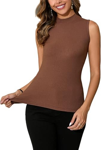 Dosieyeo Damen Rolli Top ohne Ärmel Unterziehrolli mit Stehkragen Elegant Rippenrolli Stretch Jersey Weste zum Unterziehen kaffee,L