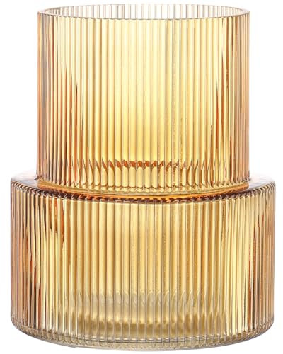 KAYLETIN Bernsteinglasvase, gerippte Vasen für Blumen, Blumenvase für Tulpen, moderne Vasen für Wohnzimmer, Esstisch, Eingang, Kaminsims, Regal, Hochzeit, Büro, 19 cm