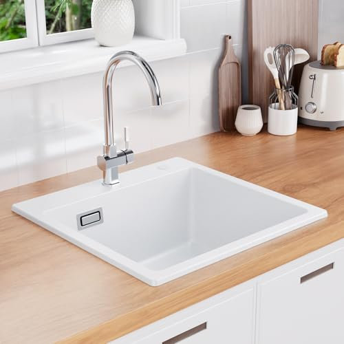 Auralum Spüle mit Armatur Set, Granit Spülbecken Weiß 50 x 45 cm + Wasserhahn Küche Chrom