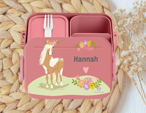 wolga-kreativ personalisierte Mepal Brotdose Kinder mit Fächern mit Pferd Pony Motiv - Lunchbox Kindergarten, Jausenbox Schule Geschenk Einschulung