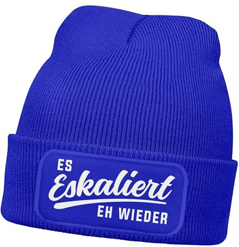 MoonWorks® Herren Beanie mit Patch Strickmütze mit Spruch Es eskaliert eh Wieder Aufdruck Party Feiern Winter-Mütze Männer Blau Unisize
