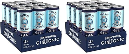 Bombay Sapphire Premium Gin & Tonic, Vol. 6,5%, 12 x 25 cl / 250 ml, cocktail pronto da bere premiscelato in lattina, London Dry Gin infuso al vapore, aromi naturali e acqua tonica premium