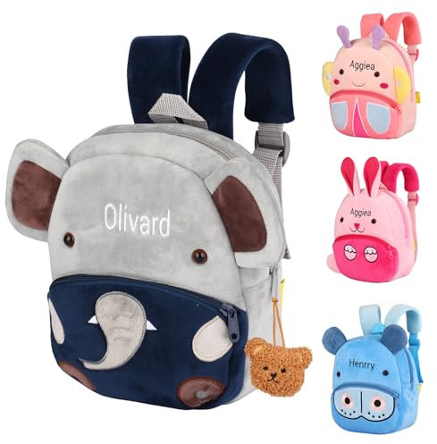 NGTSFLY Personalisierte Rucksack Kindergarten Mädchen Jungen mit Gestickt Namen | Kita Rucksack ab 1 Jahr |Personalisierte Geschenke kinder | Kindergarten Tasche (Elefant)