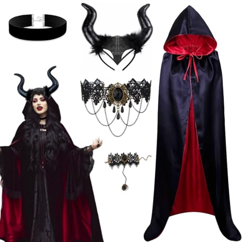 YuhoWon Maleficent Kostüm Damen, Karneval Gothic Teufel Kostüm Dämonen Hörner mit Umhang, Choker, Halsketten & Armband, Schwarze
