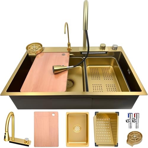 OMGMTSTORE 65 x 50 cm Cascada Fregadero de cocina dorado, fregadero grande 1 cuenco, cascada, lavar con grifo extensible, dispensador de jabón, lavavajillas de tazas, colador, tabla de cortar