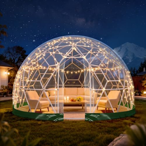 Yorkgargen 4.6 x 2.9m Gewächshaus Gartenkuppel Igloo,Gartenkuppel TPU Blasenzelt für 8-12 per,Gartenblasenzelt mit 2 Lichterketten, Durchsichtiges Kuppelzelt für Hinterhof,Party,Weihnachten,Hochzeiten