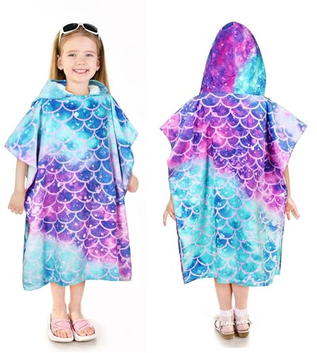 Kato Tirrinia 100% Baumwolle Meerjungfrau Badeponcho Strandtuch 90-120cm Mädchen Kinder, Absorbierender Bademantel Badehandtuch mit Kapuze, Handtuch Poncho für Strand Schwimmen Camping Baden