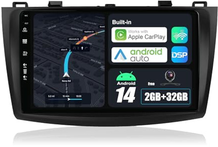 BXLIYER Android 14 Autoradio für Mazda 3 (2009-2015) GPS Navigation - CarPlay Android Auto - Rückfahrkamera - 2G+32G - IPS 9 Zoll 2 Din - DSP DAB Lenkradsteuerung 4G Fast-Boot